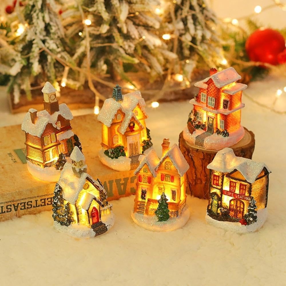 Christmas Village Set - Led Lighted Snow Christmas Village Houses, Christmas Village Collection Indoor Room Decor - Collectible Buildings (6 Pieces)
