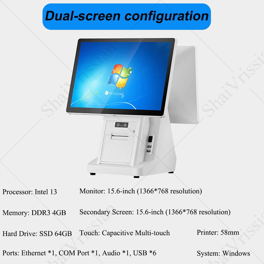 Caja Registradora con Pantalla Táctil,Registradora Pos para Tiendas,Monitor 15,6 Pulgadas,6 Puertos USB,Multitáctil Capacitivo,para Pequeñas Empresas Y Comercios Dualscreen
