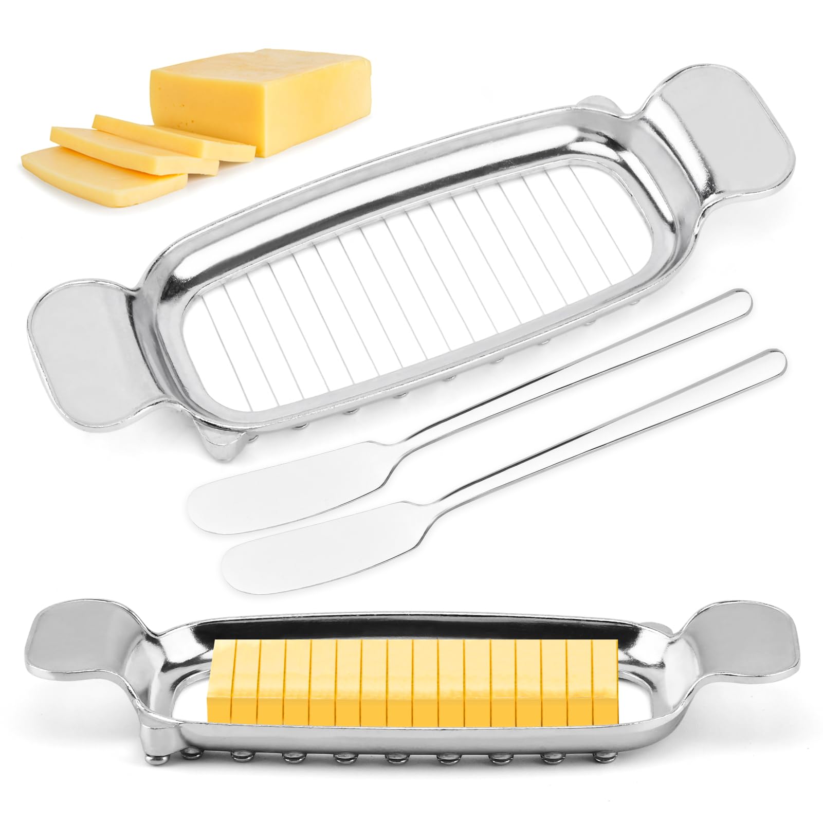 Butter & Cheese Slicer Set, Stainless Steel Cheese Slicer Food Cutter with 2pcs Butter Knife, for Butter, Block Cheese, Fruit Baking, Butter Slicer Cut 18pcs Into 1/4 Inch on Average