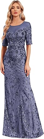 Short Sleeve Glitter Mermaid Evening Dress for Mother of The Bride Patchwork Womens Sequin Formal Gown