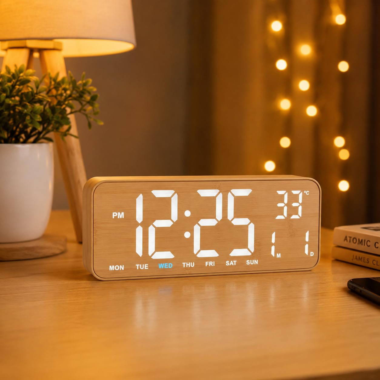 Xtore® Wooden Finish Digital LED Alarm Clock with Date, Weekday & Temperature Display | 3-Level Brightness Adjustable Desk Clock with Alarm Function for Bedroom, Office & Living Room-image-15