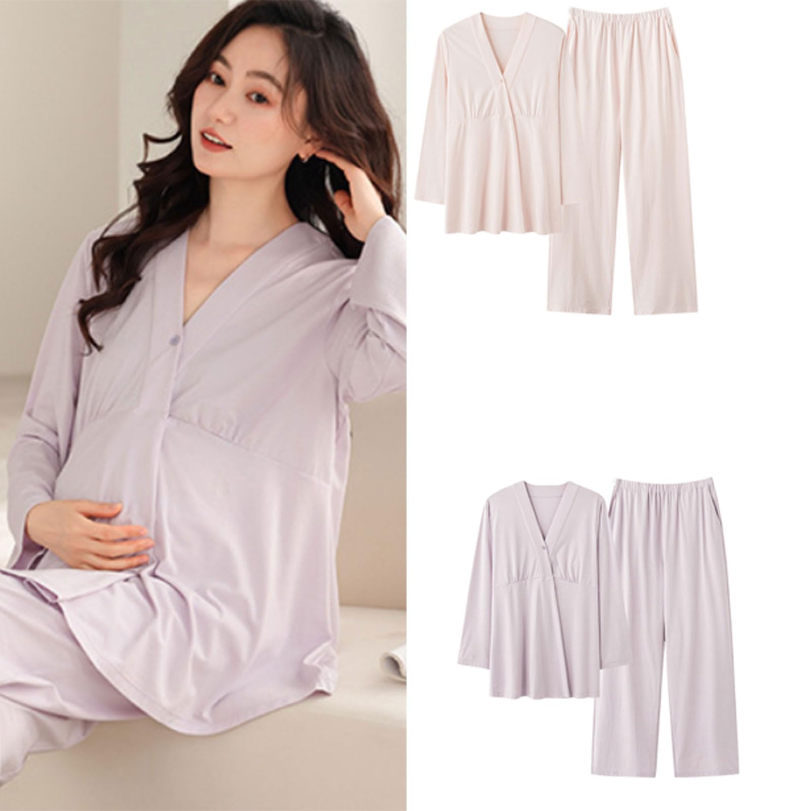 Set di pigiama per allattamento da 2 pezzi, per donne incinte, con imbottitura sul petto integrata, vestibilità elastica, con pantaloni, pigiama per allattamento al seno integrato