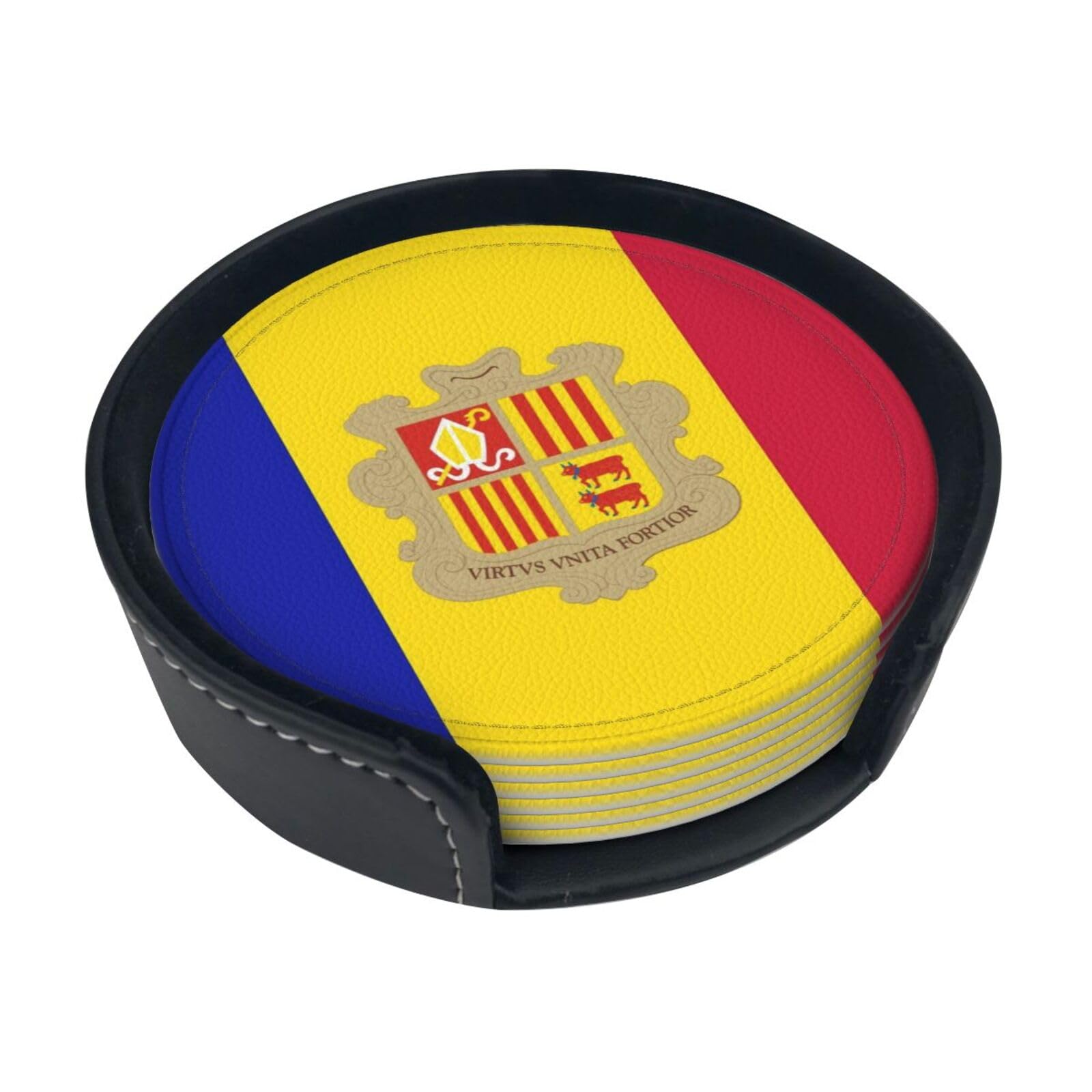 Flag of Andorra Leather Coasters-Set of 6 with Storage Holder