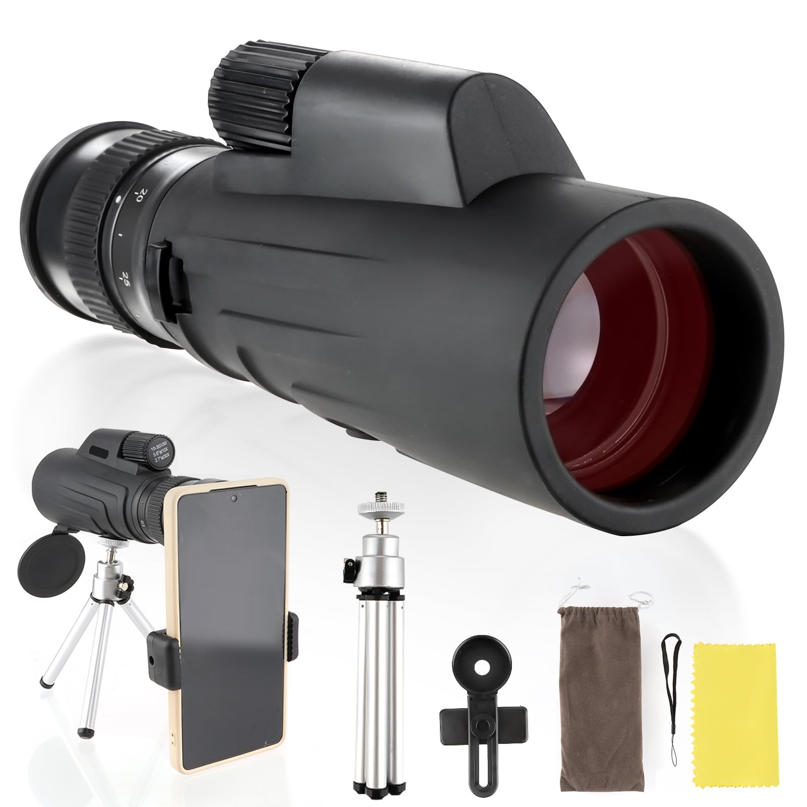 Monoculaire zoom 10-30 x 50 pour adultes avec adaptateur smartphone et trépied, télescope portable avec lentille FMC haute puissance et prisme BAK, monoculaire compact étanche pour
