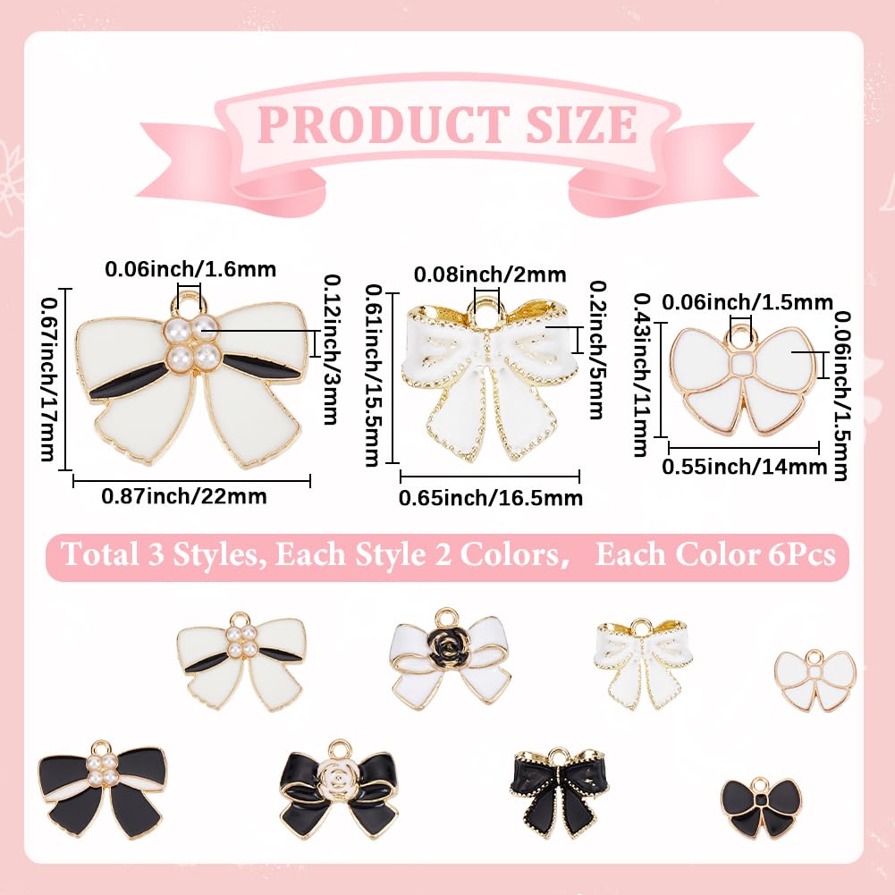 SUNNYCLUE 1 Box 48pcs Valentine Bow Charms Black And White Bow Charms Enamel Small Metal Cute Bowknot Tie Charm With Plastic Pearl For Jewellery Making Bracelet Necklace Earrings Women Supplies Crafts - Image 2