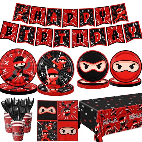 Ninja Birthday Party Decoration Tableware Set 142pcs Plates and Napkins Supplies Include Warrior Plates Napkin Cups Tablecloth Banner for Ninja Master Birthday Decor