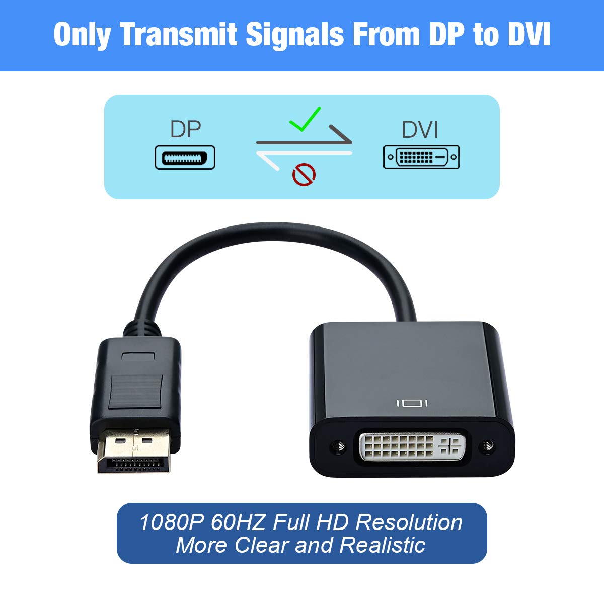 Cable adaptador DisplayPort (DP) a DVI, macho a hembra, chapado en oro, compatible con Lenovo, Dell, HP y más