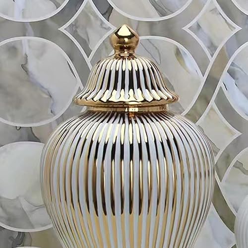 Miniatura 5 de Tarros de jengibre de cerámica con jarrones cubiertos, frascos de templo antiguos, elegantes jarrones blancos y dorados para sala de estar y