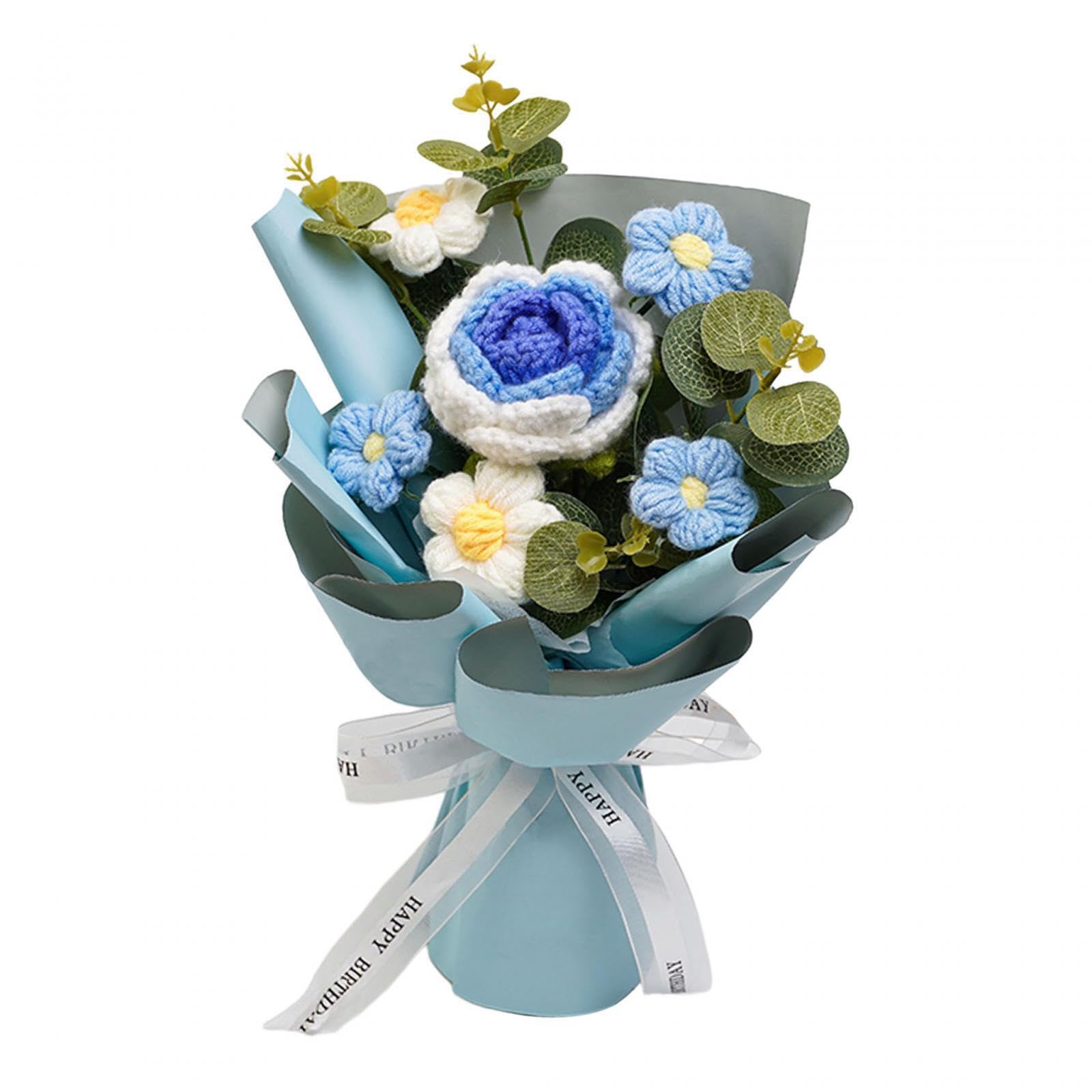 TWISAXC Elegant Completed Crochet Flower Bouquet Unique Knitting Flower Gift For Mother S Day Daughter Son Special Occasion Decor Knitting Mom Anniversary Thanksgiving Day, Blue, 25x30cm