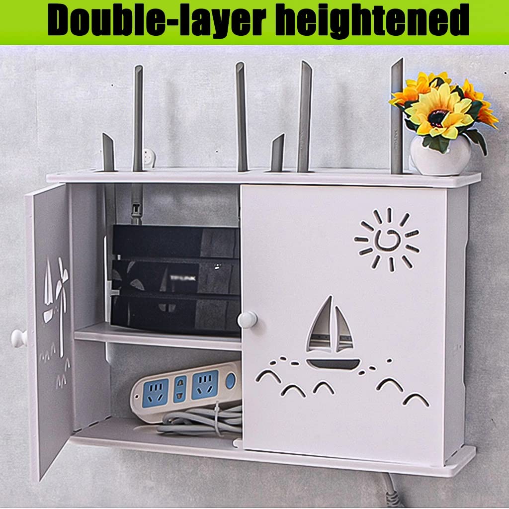 Generico Mensola portaoggetti da Parete Bianca per Router WiFi, Scatola portacavi in Legno, Supporto per Cavi di Alimentazione, 48x11x31,5 cm - Elegante Arredamento per la casa e salvaspazio