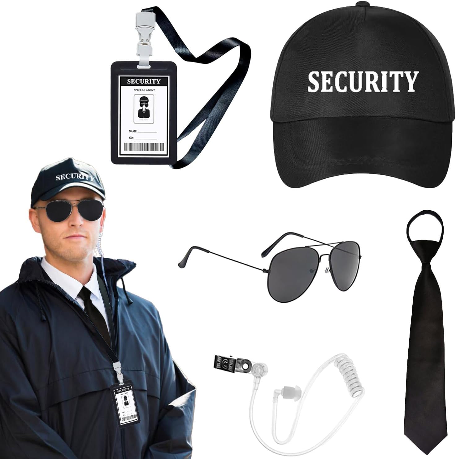 5pcs Agent Costume Set Secret Security Service Outfit Accessory Kit Includes Adjustable Hat Pretied Zipper Tie Black Sunglasses Earpiece and ID Card for Teens Adults Cosplay Game Halloween Party Gear