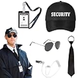 5pcs Agent Costume Set Secret Security Service Outfit Accessory Kit Includes Adjustable Hat Pretied Zipper Tie Black Sunglasses Earpiece and ID Card for Teens Adults Cosplay Game Halloween Party Gear