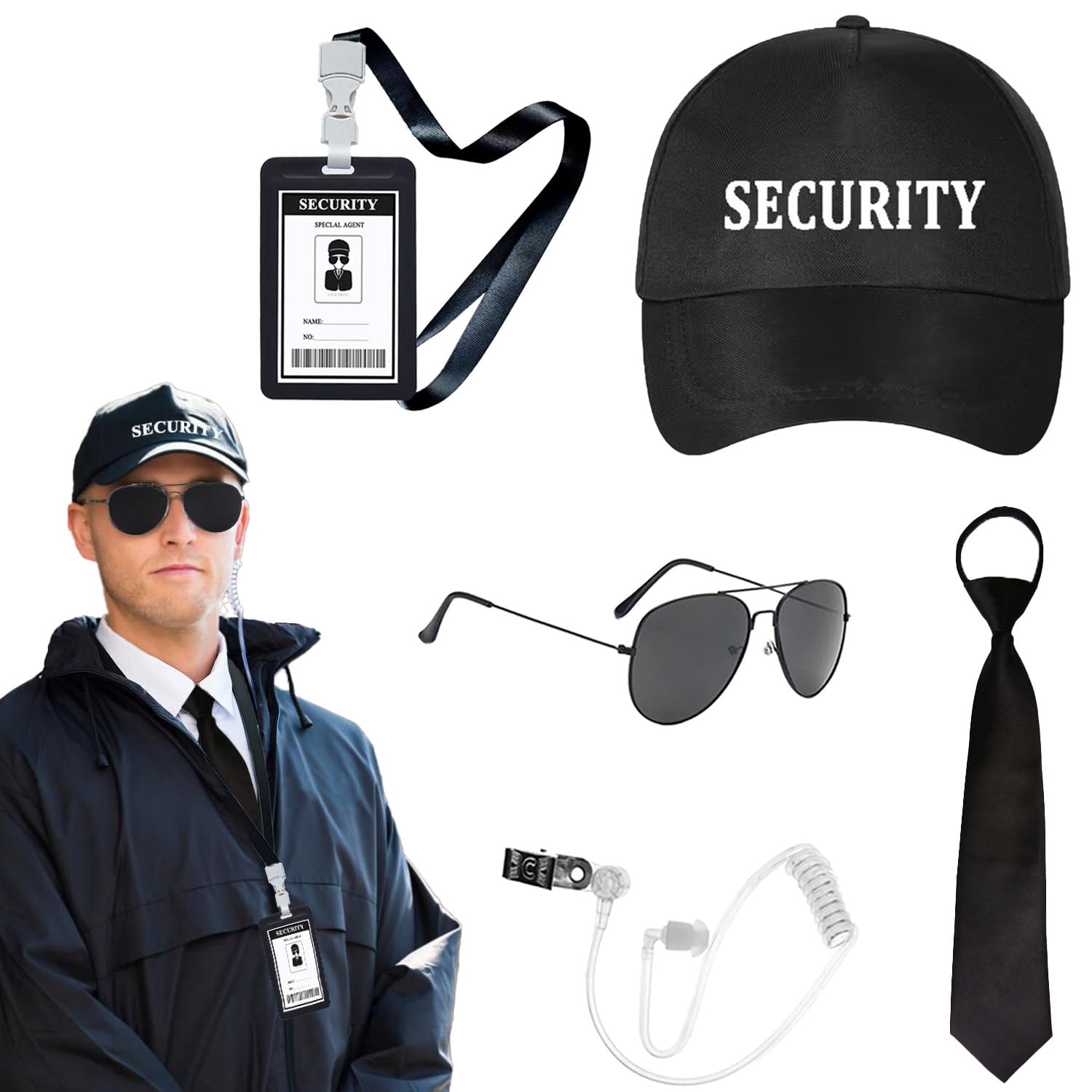 5pcs Agent Costume Set Secret Security Service Outfit Accessory Kit Includes Adjustable Hat Pretied Zipper Tie Black Sunglasses Earpiece and ID Card for Teens Adults Cosplay Game Halloween Party Gear