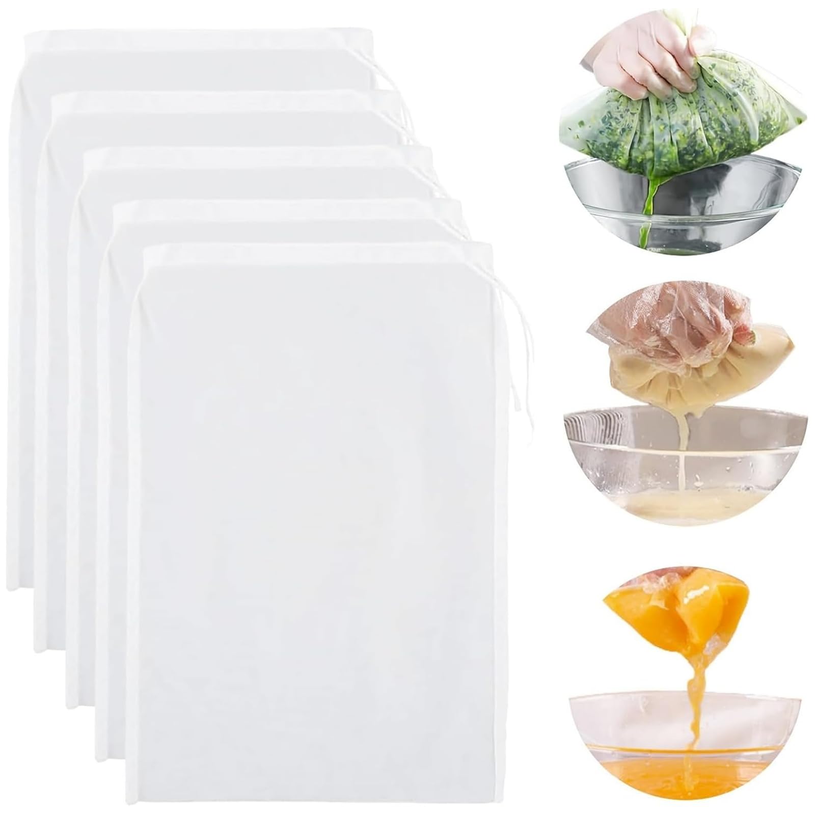 Samheng 5 Pcs Reusable Straining Bags, Nylon Mesh Drawstring Bags Juice Strainer Cloth For Cooking Jam Cheese Yogurt Nut Milk Soy Wine (7.9X11.8 Inches)