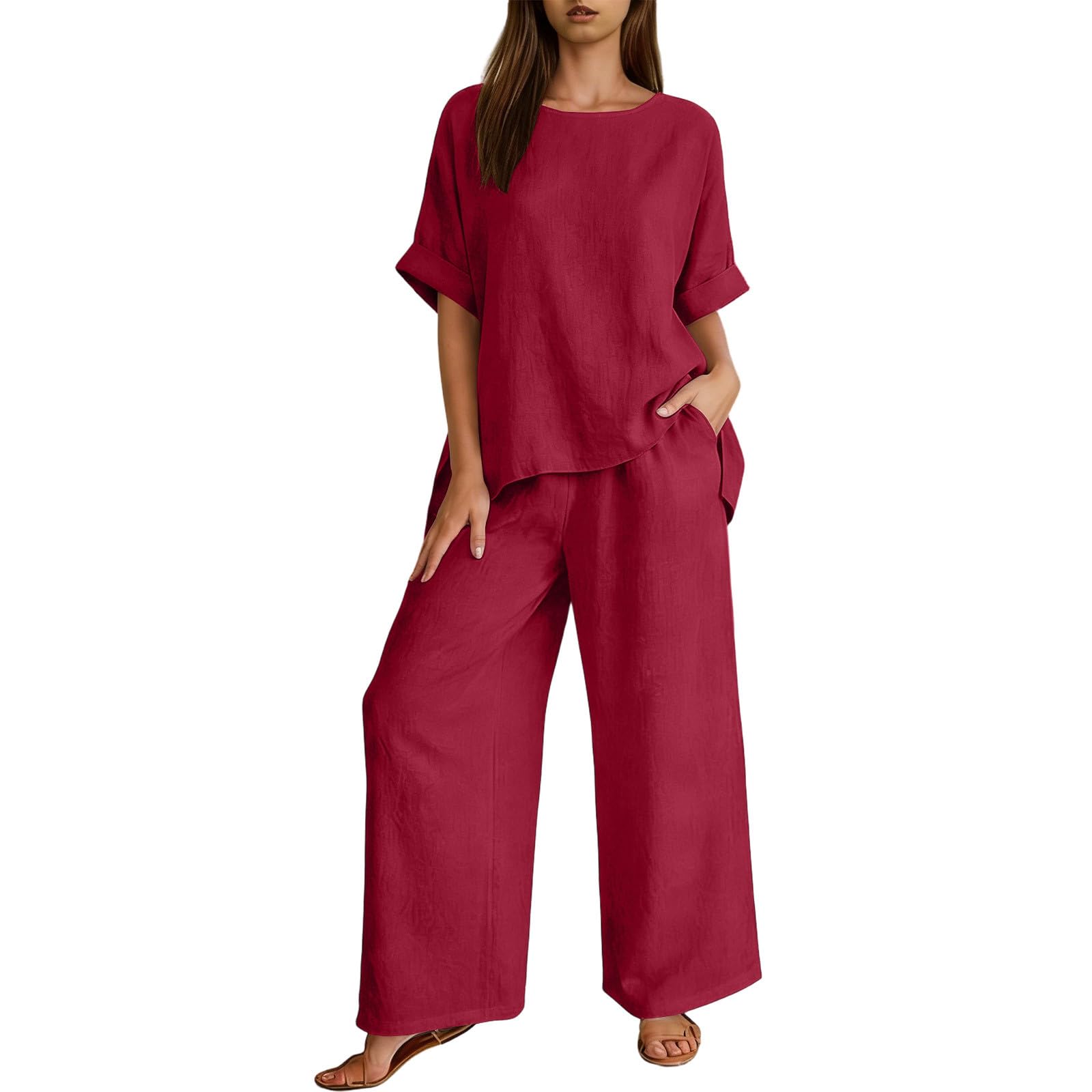 Ybing Leinenanzug Damen 2 Teiler Tracksuit Musselin Tshirt und Weite Bein Leinenhose Zweiteiliges Lose Baumwolle Leinen Sportanzug Leichte Loungewear Set Casual Sommer Outfit Freizeitanzug Homewear