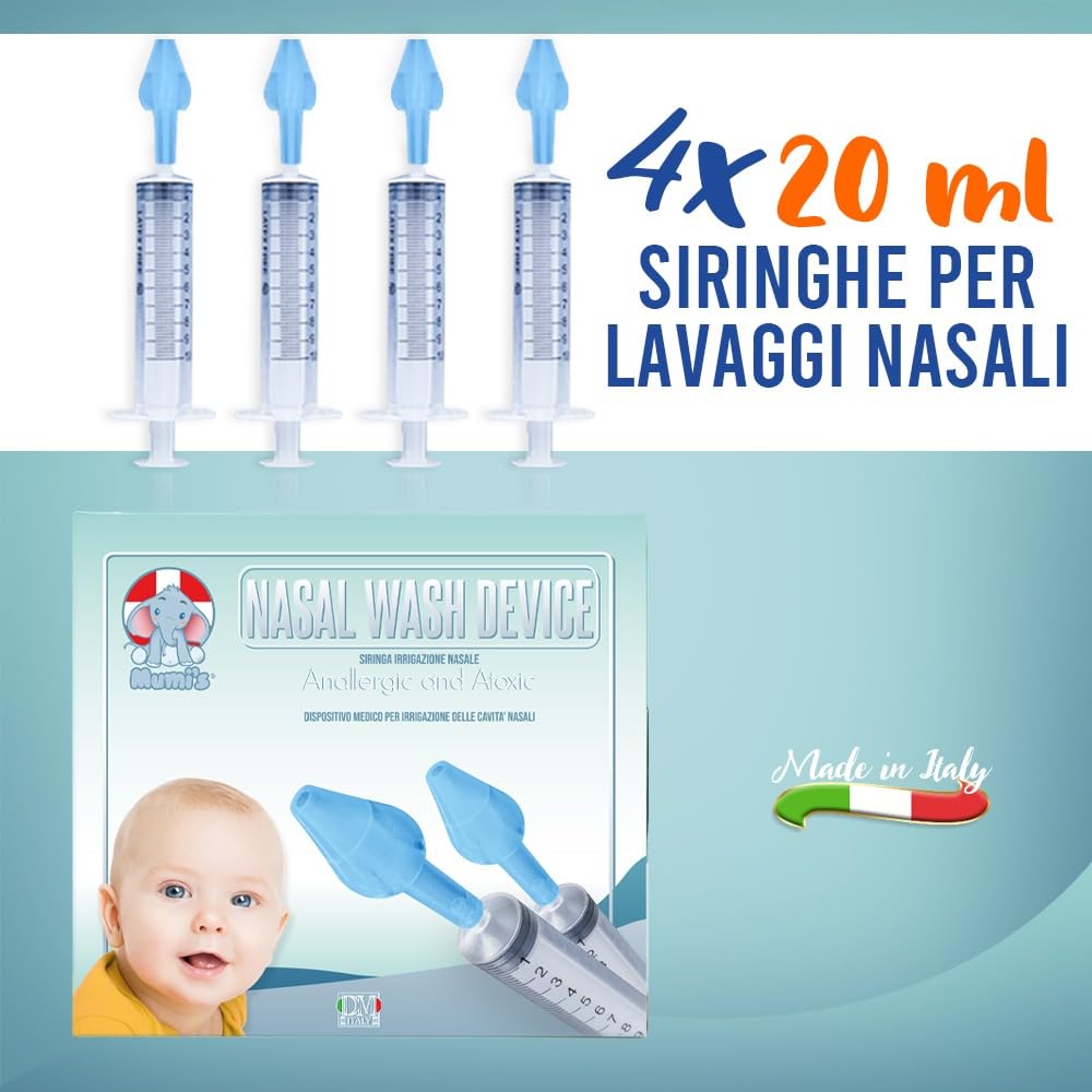 Mumi's 4 olive per lavaggi nasali 4 siringhe maxi 20ml per lavaggi nasali bambini e adulti dispositivo medico CE (4 siringhe 4 olive)