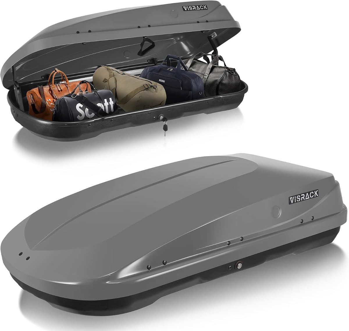 Gray Rooftop Cargo Box Carrier Large 13 Cubic Feet Car Top Mount | Dual Side Opening, Roof Cargo Boxes Waterproof Rooftop Storage Box Extra Keys, Straps
