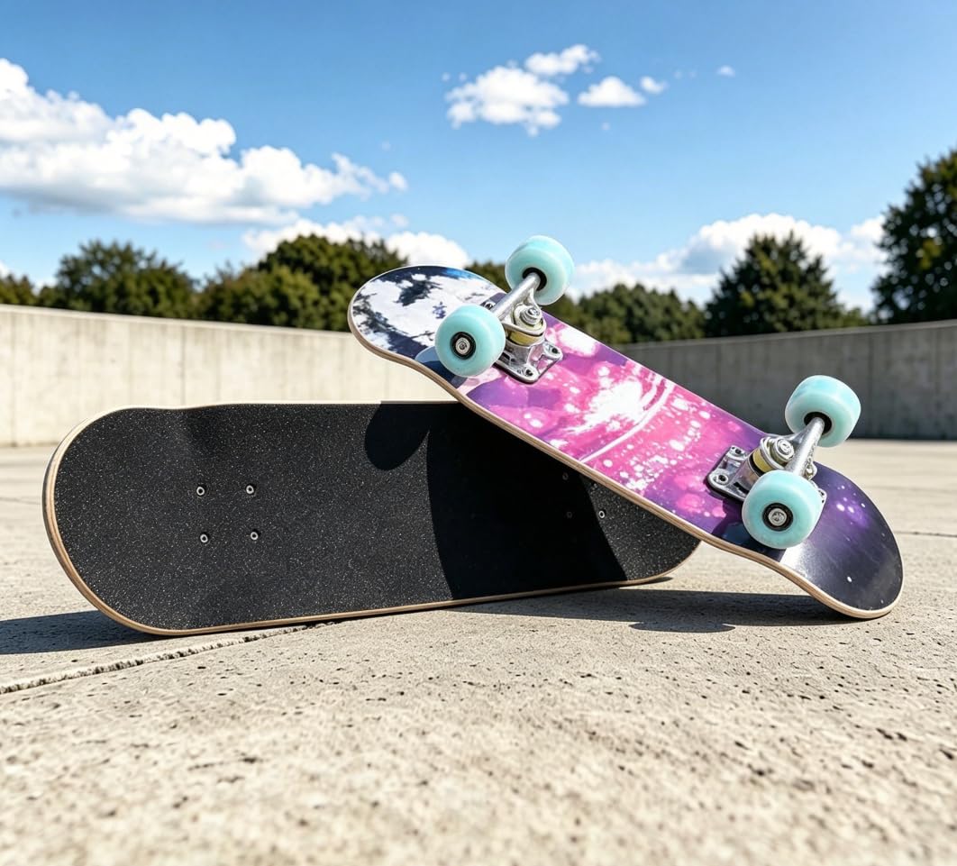 ERNAN Skateboard Completo per Principianti. Skateboard completo da 17 * 5 pollici. Double Kick Deck Concavo con 7 strati per ragazzi, ragazze (Pink Nebula)