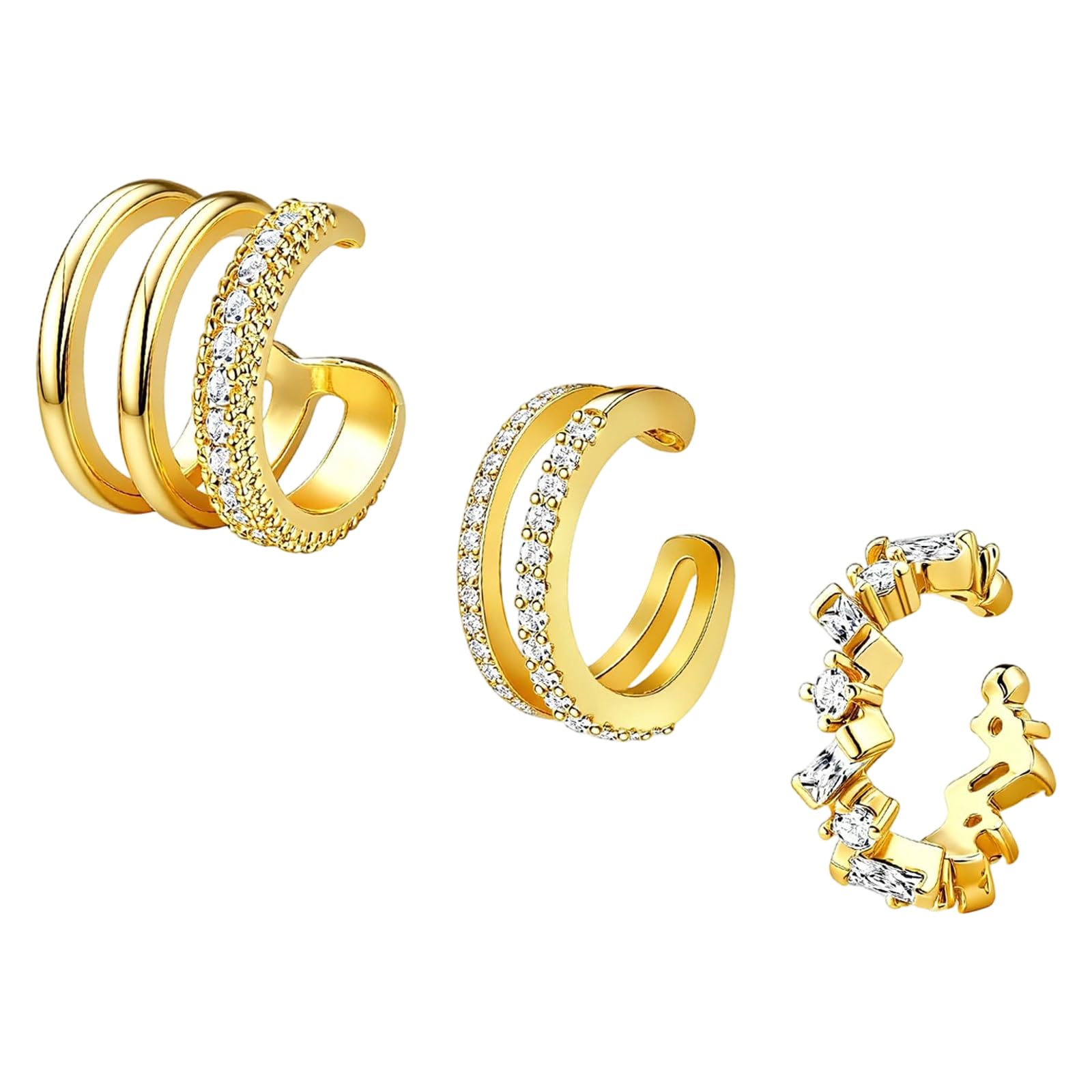 3-Piece Cuff Earrings for Women, 14K Gold Plated Brass Clip-On Cartilage Earring Set, Adjustable Non Piercing Ear Cuffs Without Piercing-image-42