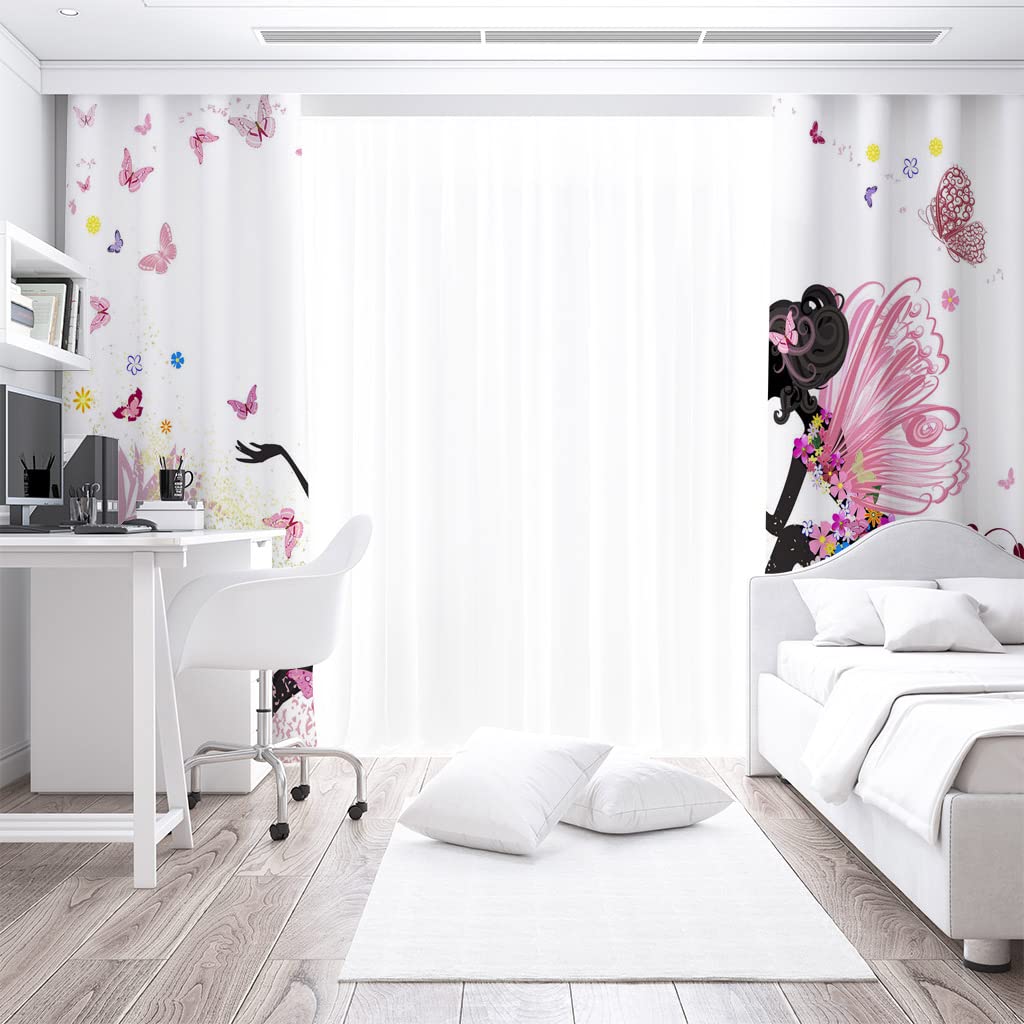 Rideaux Occultants Isolant Thermiques Blanc Rose Jaune Papillon Fée 2 Pièces Chambre Enfant Bebe Fille Rideau Salon Design Moderne 75X166cm X2