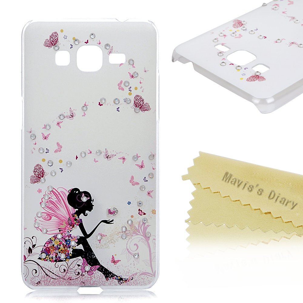 Galaxy Grand Prime Case,G530H Case - Mavis's Diary 3D Handmade Painted Series Lovely Pink Butterfly Fairy with Bling Crystal Diamond Hard PC Cover Clear Case for Samsung Galaxy Grand Prime G530