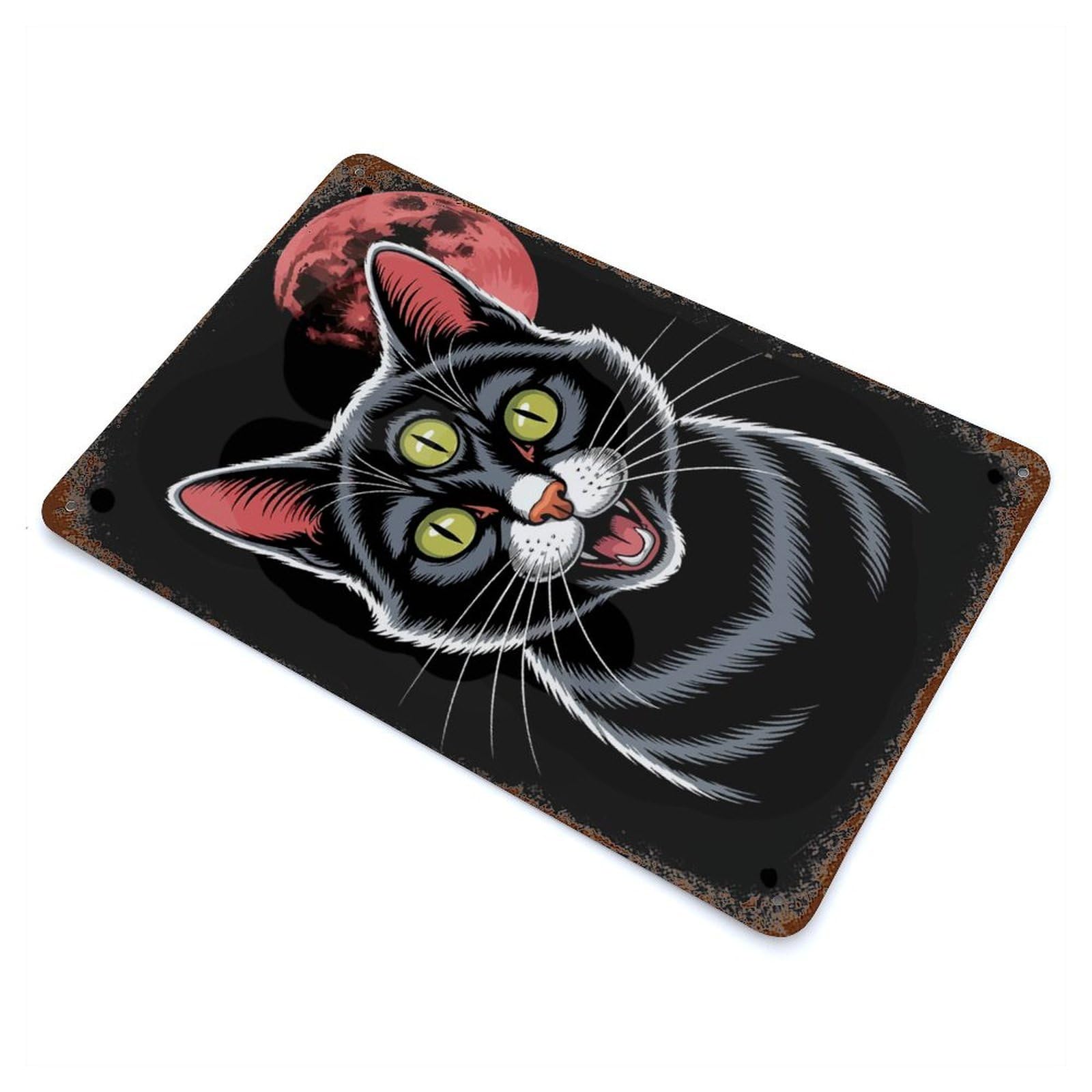 Three-Eyed Cat with Red Moon Rusty Metal Tin Sign 11.8"x7.9", for Basement, Hobby Room And Garage Decor, Retro Wall Decor