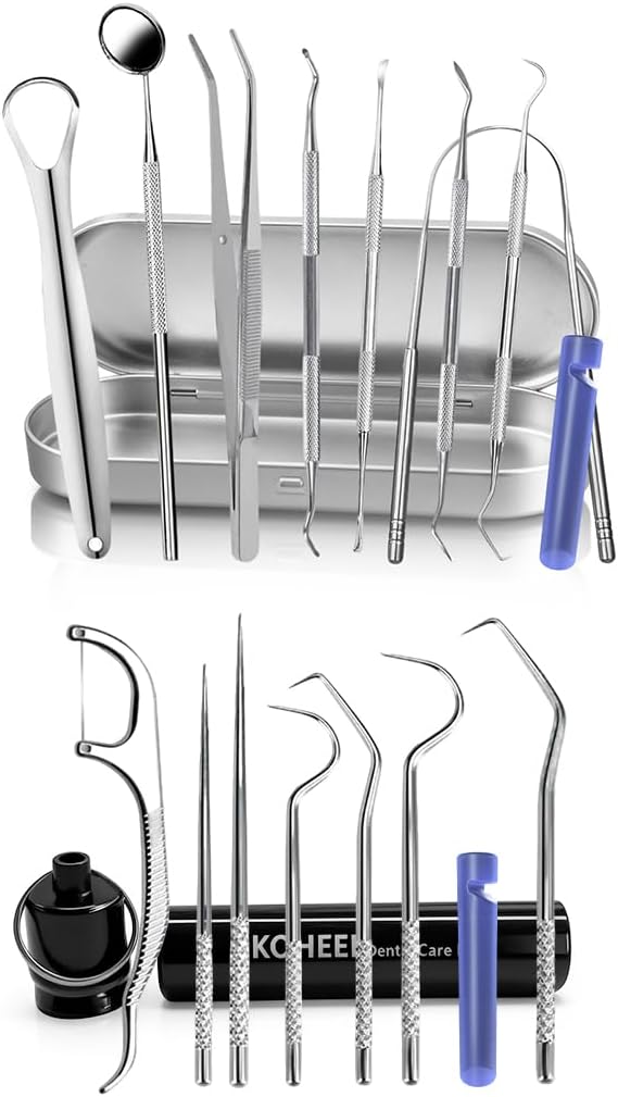 KOHEEL Dental Tools with Metal Case, Teeth Cleaning Tools Set, Remove Plaque, Oral Care Hygiene Kit & Toothpicks Pocket Set, Reusable Dental Floss Picks Kit, Tooth Picker (1 Pack)