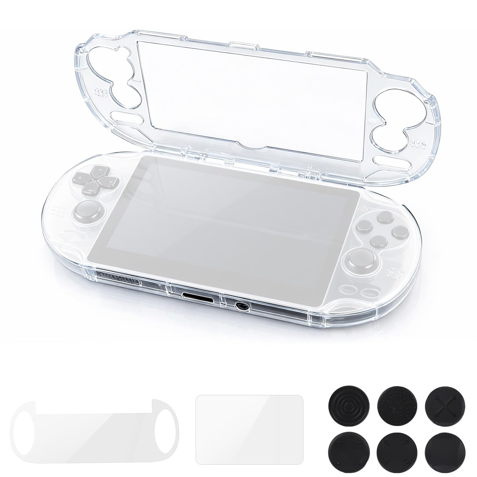 Clear Crystal Hard Shell Case Set for Sony PS Vita PSV 1000 PCH-1000 Game Console, Clear Protective Case with Tempered Glass Protective Films & Joystick Caps for Retro Game Enthusiasts