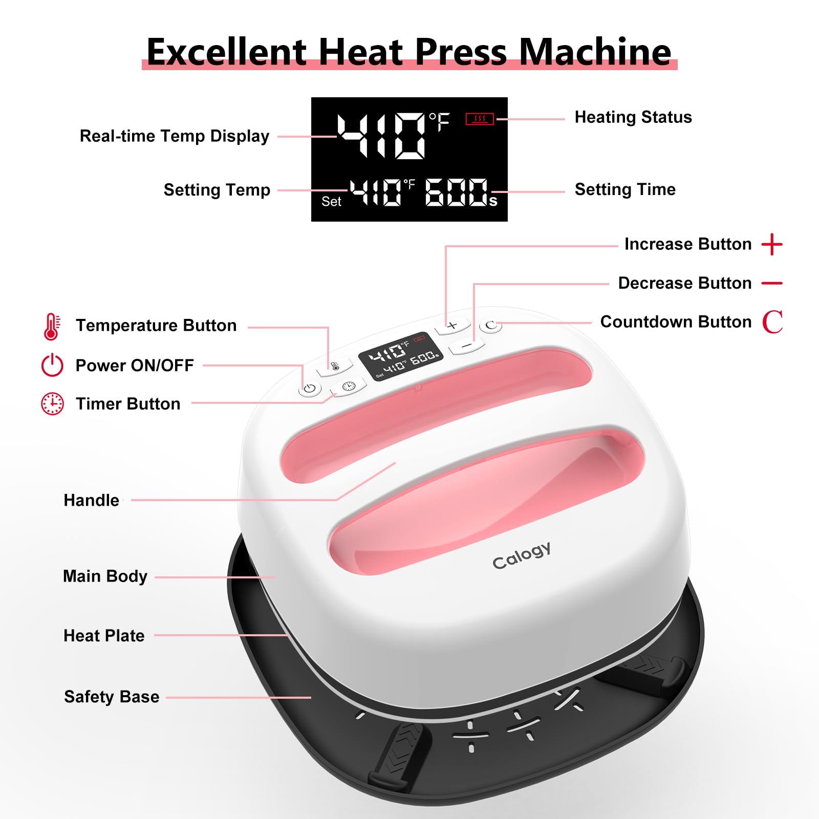 Calogy Heat Press Machine for T-Shirts 10"X10", Portable Heat Press Fast Up to 410℉(210 ºC), Precise Temp Control, 15 Mins Auto Off for Bag, Pillows, Sublimation Vinly Transfer (White Pink-10 * 10IN)