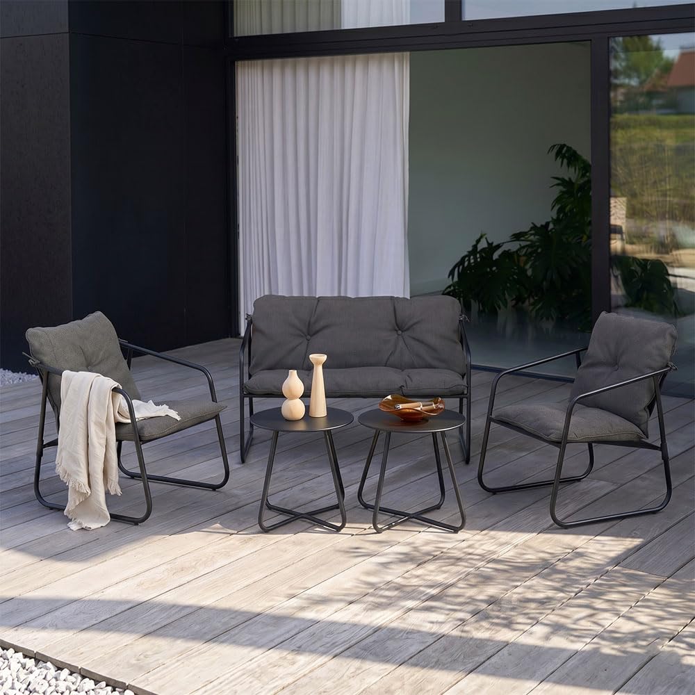 SIEDITI FUORI E DENTRO Set salotto da giardino 5 pezzi in acciaio, set di mobili da giardino con divano 2 posti, 2 poltrone, 2 tavlini e cuscini, salottino da esterno per patio balcone (Grigio Scuro)