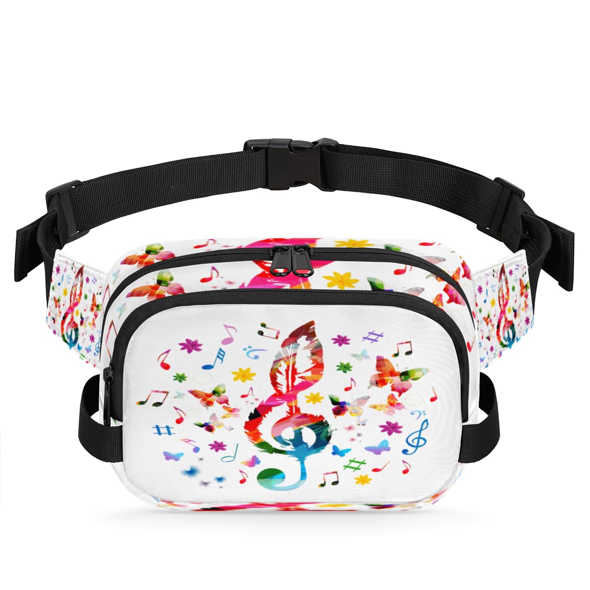 Musical Note Butterfly Waterproof Fanny Pack for Women Men Adjustable Waist Bag with Double Zipper Pockets Lightweight Square Hip Pack for Running Travel Hiking Workout Cycling