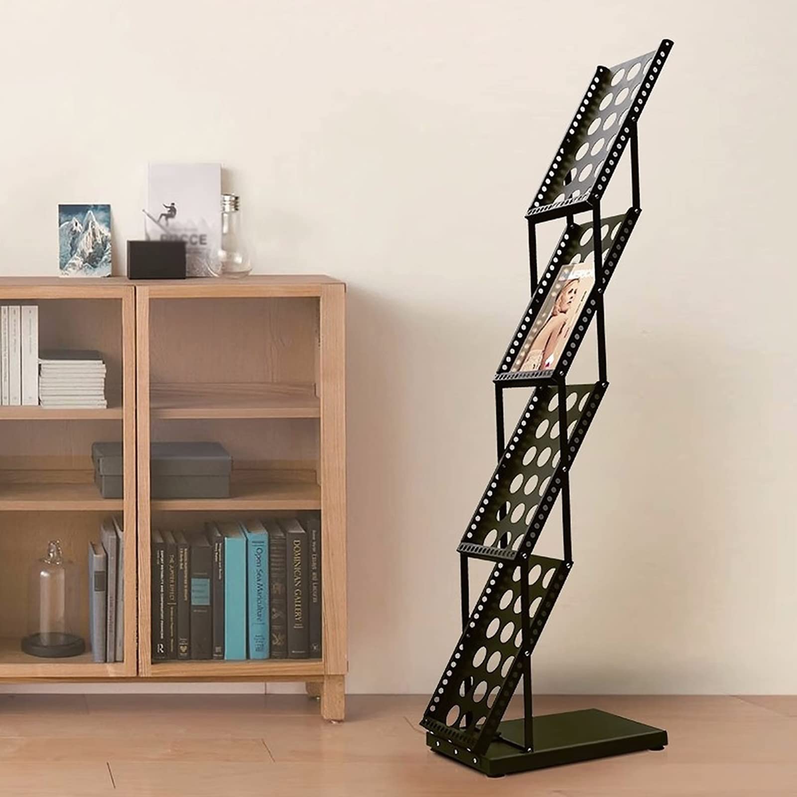 Revistero para Oficina/Sala de Estar, Soporte de Suelo, Estante Plegable para Almacenamiento de Archivos/Libros/folletos, Bolso, Marco de Hierro Negro