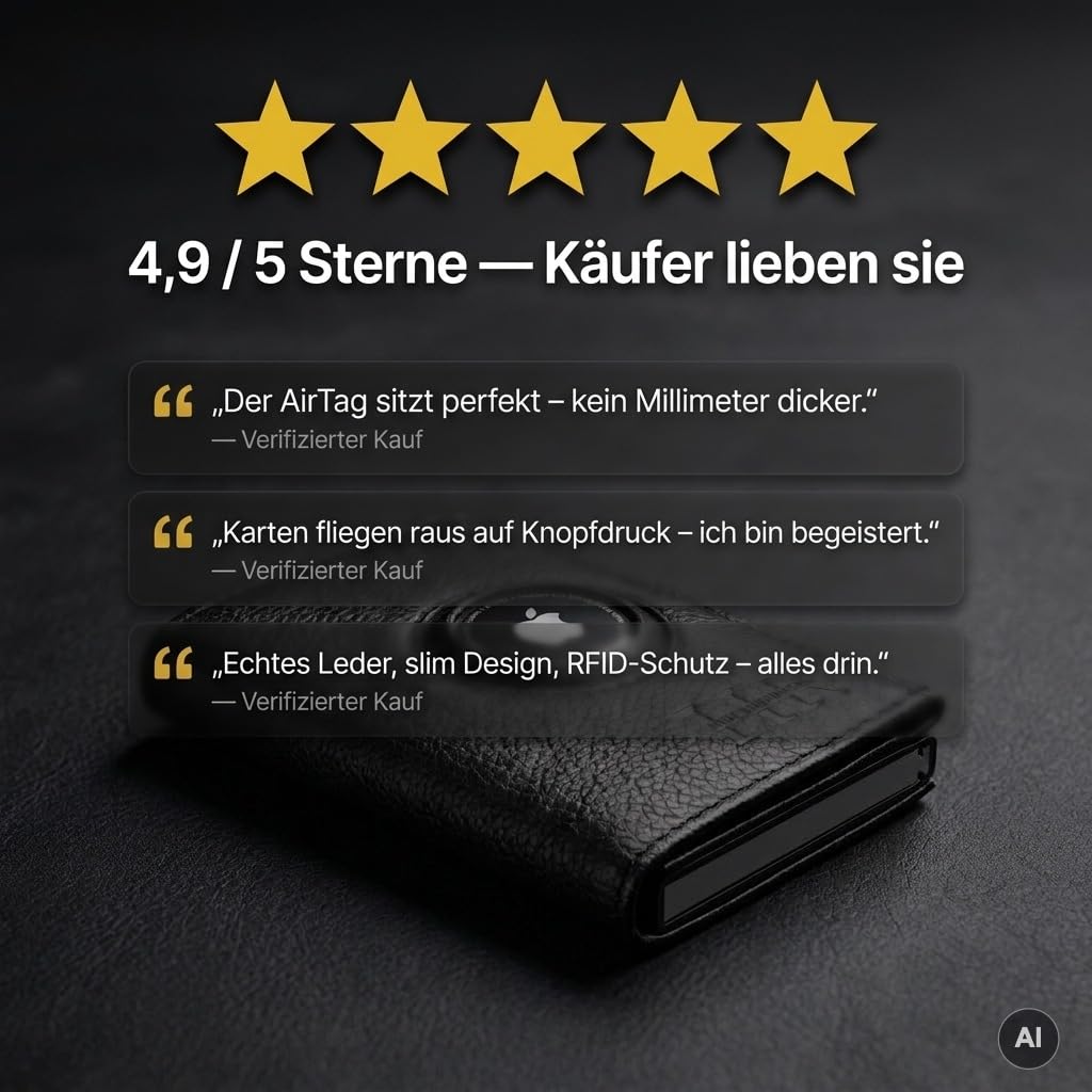 Geldbörse Herren Leder mit AirTag-Halterung, Portemonnaie Herren mit Münzfach & RFID-Schutz, Slim Pop-up Kartenfach für bis zu 10 Karten + ID-Fenster & Geldscheinfach, Schwarz