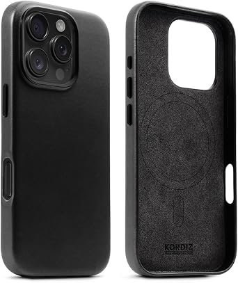 KORDIZ Full Grain Leather iPhone 16 Pro Case - MagSafe Compatible, Wireless Charging, Custom Metal Buttons, Camera Bezel Protection, Raised Edges - Black