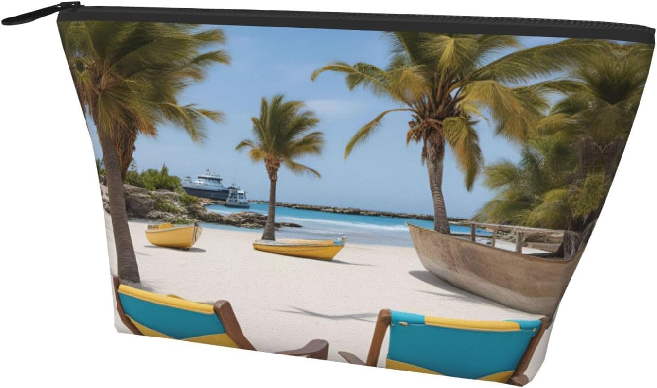 Beach Palm Tree Chairs Boats Print Large Capacity Travel Makeup Bag,Suitable For Daily Commutes And Beach Trips. image 2