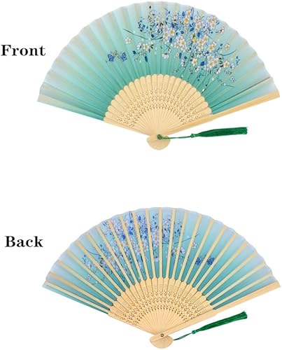Miniatura 6 de Abanico plegable floral de bambú estilo chino, 2 unidades, abanicos de mano plegables de seda vintage, abanicos de mano de bambú ahuecados para