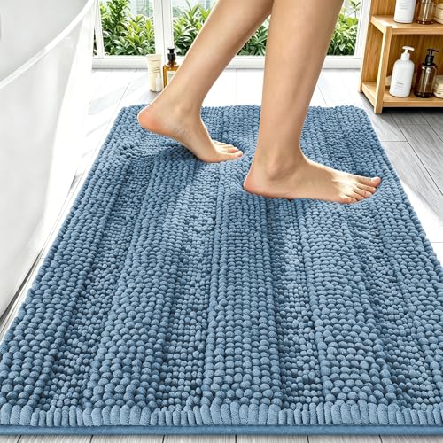 Image of Smiry Thick Chenille Bathroom Rugs 34x21, Extra Soft Absorbent Striped Bath Mat, Machine Washable, Rubber Backing, Bath Rugs for Bathroom, Tub & Shower, Home Decor Accessories, Airy Blue
