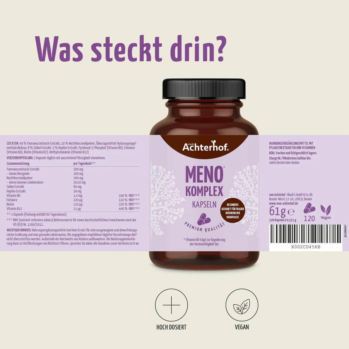 Meno Komplex Kapseln 120 Stück | mit Yams, Hopfen, Nachtkerzenöl und Salbei | Begleiter während der Menopause | Achterhof