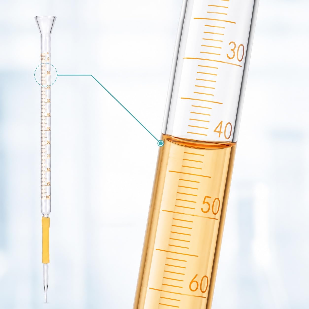 Labor-Glasbürette mit Trichter-Rand und Latexschlauch-Kugel-100mL | Ideales Labor-Glasgerät für Basen-Titration und Lösungsanalyse