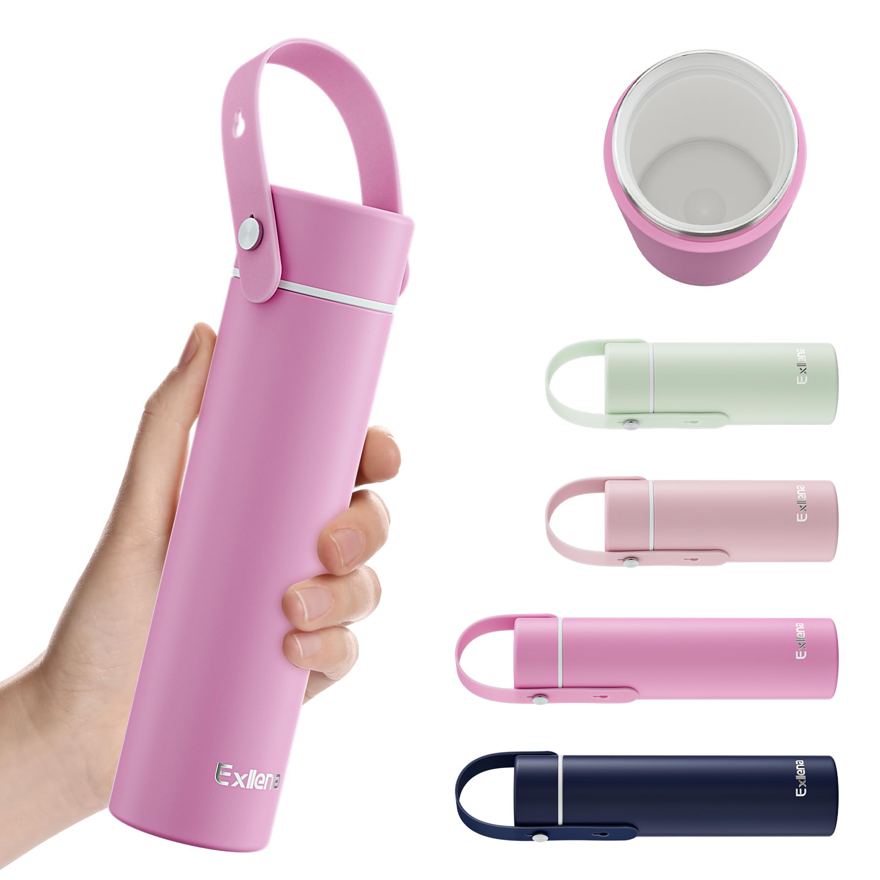 Exllena 300ml Small Water Bottle Ceramic Lined with Adjustable Silicone Handle Made of 100% Stainless Steel (Body + Lid), Mini Metal Water Bottle for Handbag, Leakproof (Lavender Hush)