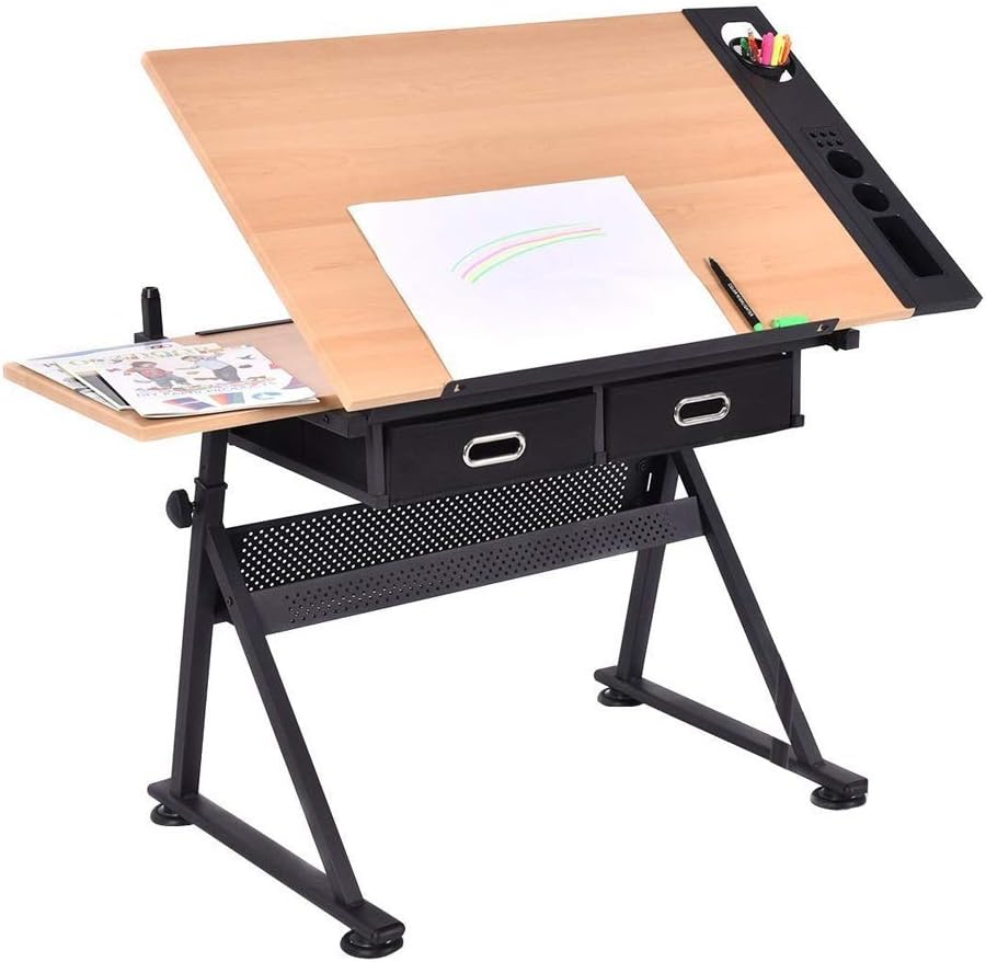 Adjustable Height Drawing Desk, Tilting Craft Table with Storage, Maple