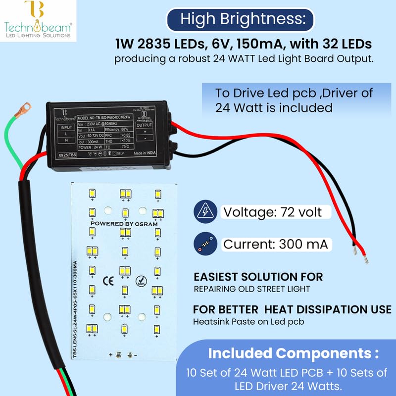 Image of Technobeam 24W LED Plate with Driver for Street Light Repair | Aluminum PCB 1.5mm | 6V 150mA LED Segments | 72V 300mA Driver Included | Durable | Ideal for Street Light Refurbishment,White, Pack of 10