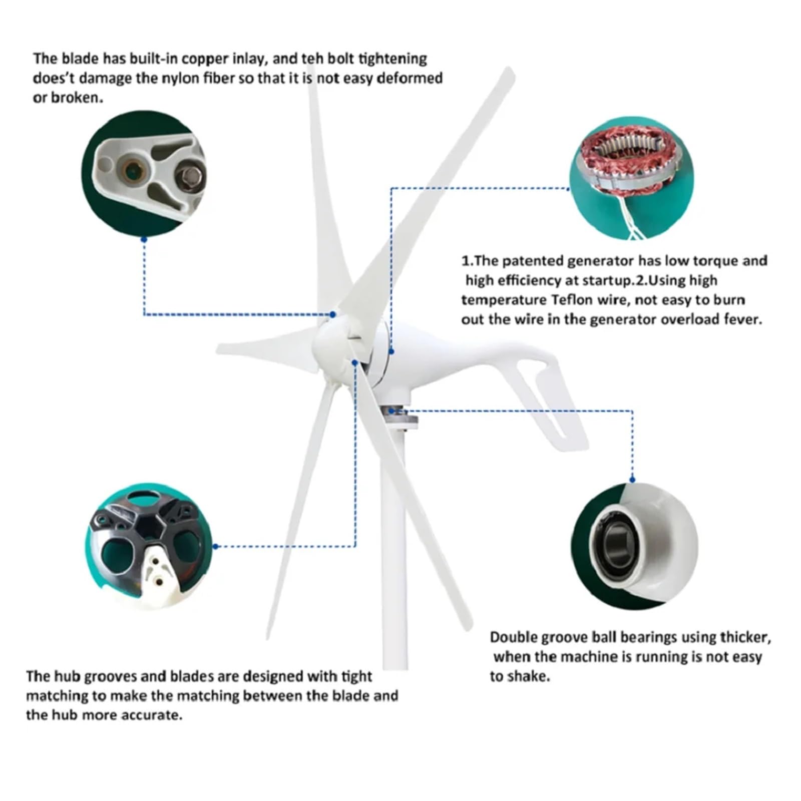 Turbina eólica, Pequeña turbina de viento 12v 24v 400w con turbinas arranque baja velocidad del 5 palas 2, m/s(12V)