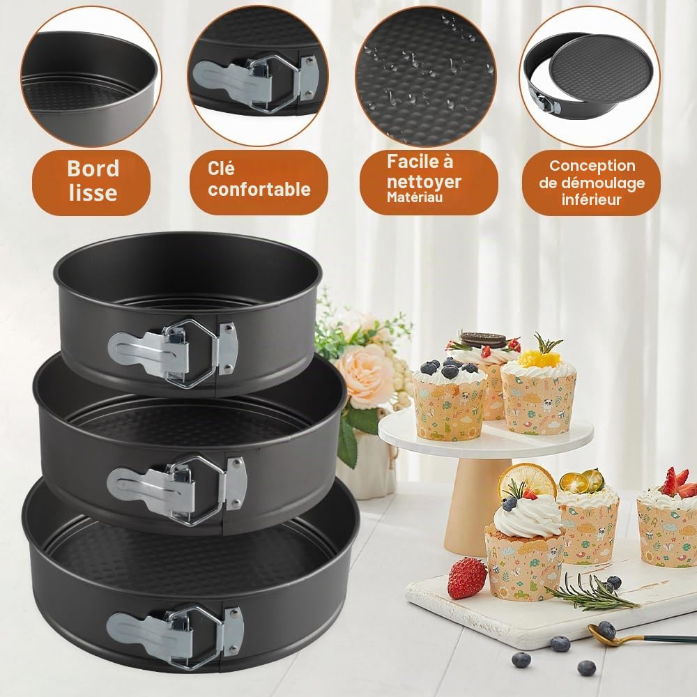 Lot de 3 Moule à Manqué Rond, 20/22/24cm Moule à Gàteau Rond, Carbone Moules à Charnière Avec Fond Amovible, Moule Bento Cake pour Faire Gâteaux