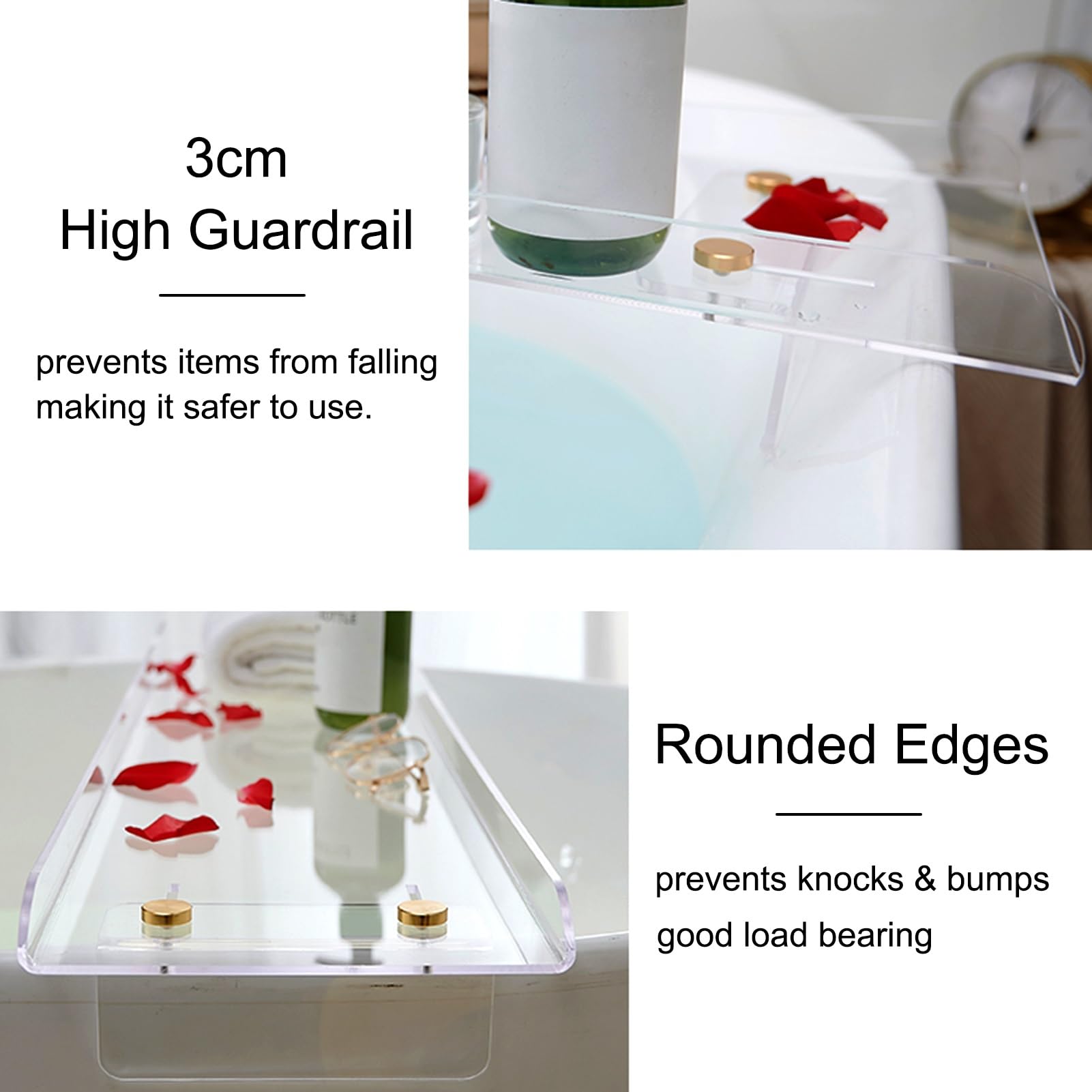Bandejas para bañera, (es:Bandeja de baño Extensible para bañera, Bandeja de acrílico Transparente para bañera, Estante Transversal con barandilla de 3 cm de Alto, Soportes de Lujo para ba
