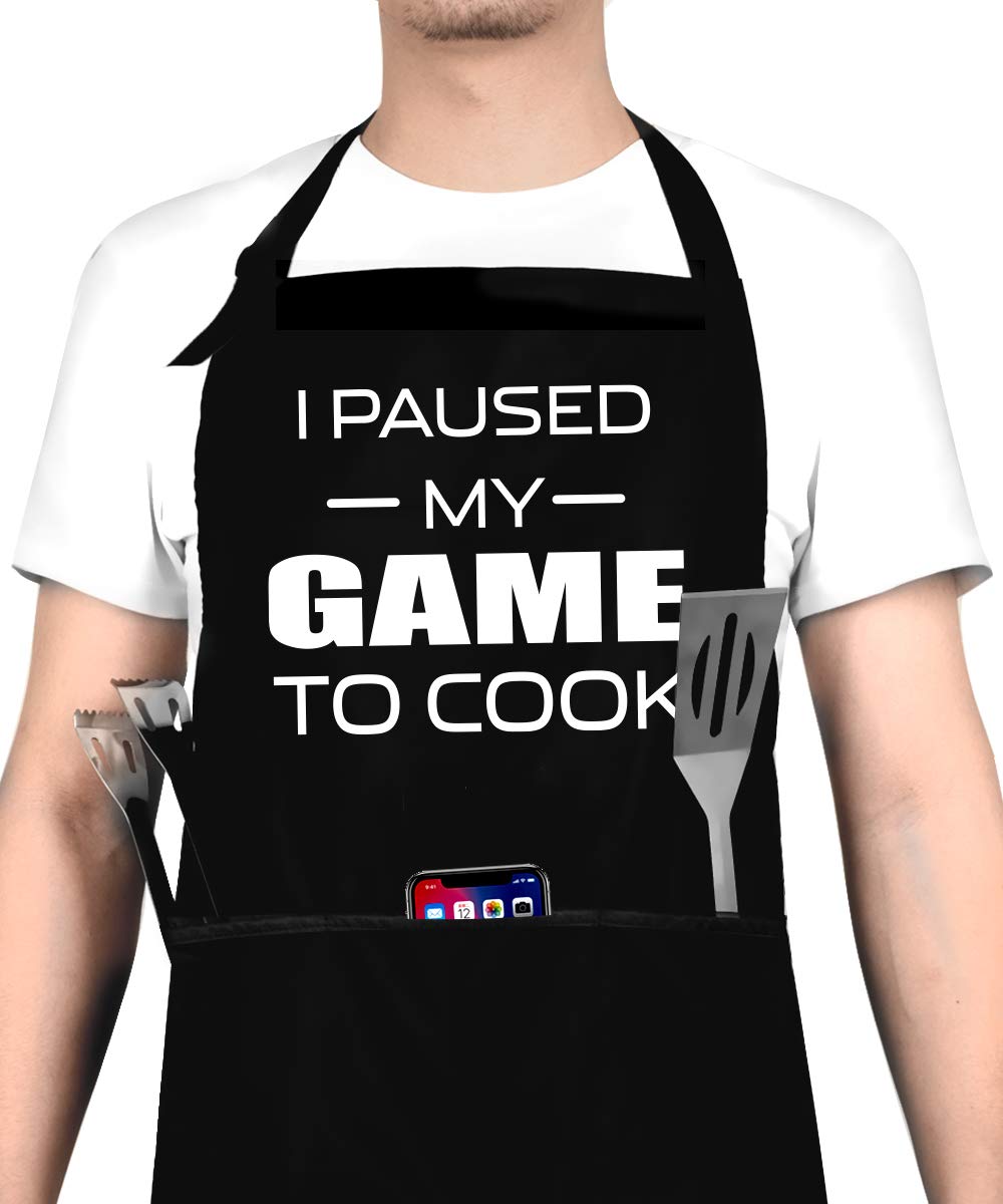 I Paused My Game to Cook - Funny Cooking Apron for Men, Women - Adjustable Bib Grill Aprons with 3 Pockets -Mothers Day, Fathers Day, Birthday, for Mom, Dad, Wife, Husband, Friends, Black, free size