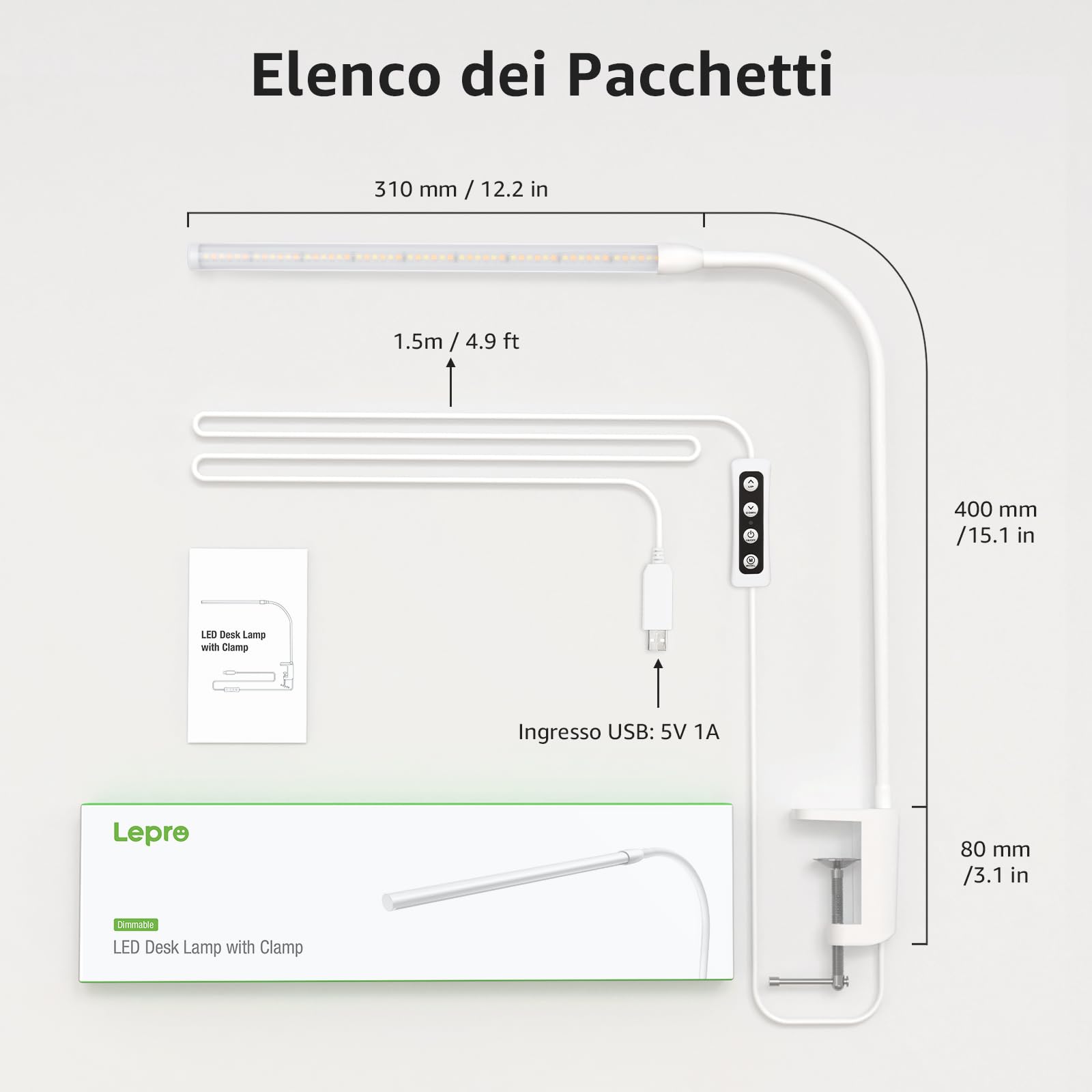 Lepro Lampada da Scrivania LED con Morsetto, Lampada da Tavolo con 3 Modalità, 10 Livelli di Luminosità, Luce Scrivania Dimmerabile e Protezione degli Occhi per Lettura, Studio, Ufficio, Bianco