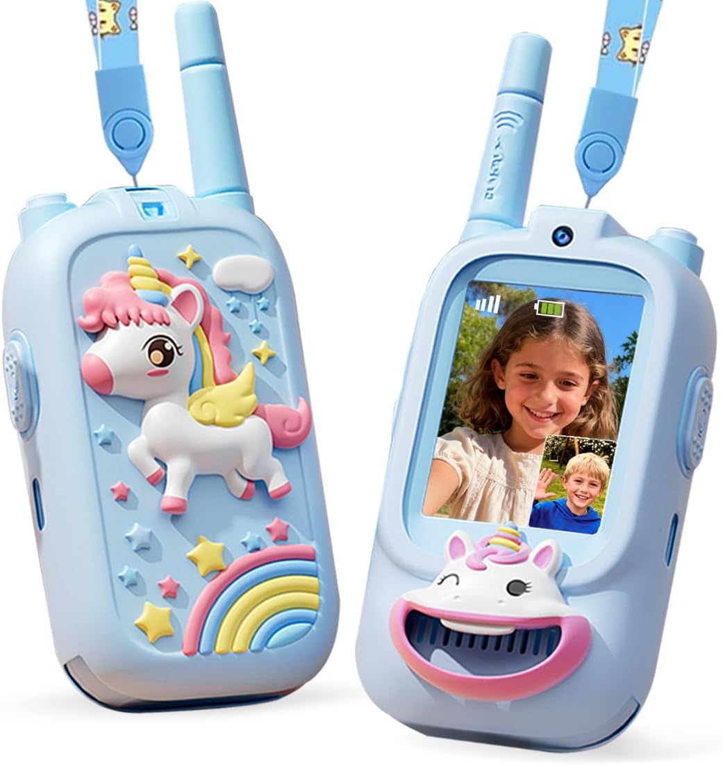 Video Walkie Talkies for Kids Rechargeable Kids Walkie Talkies 2 Pack, 1000FT Range, Fun Toys for Indoor Outdoor Play Birthday Gifts for Boys and Girls Ages 3-12 (Blue+Blue)