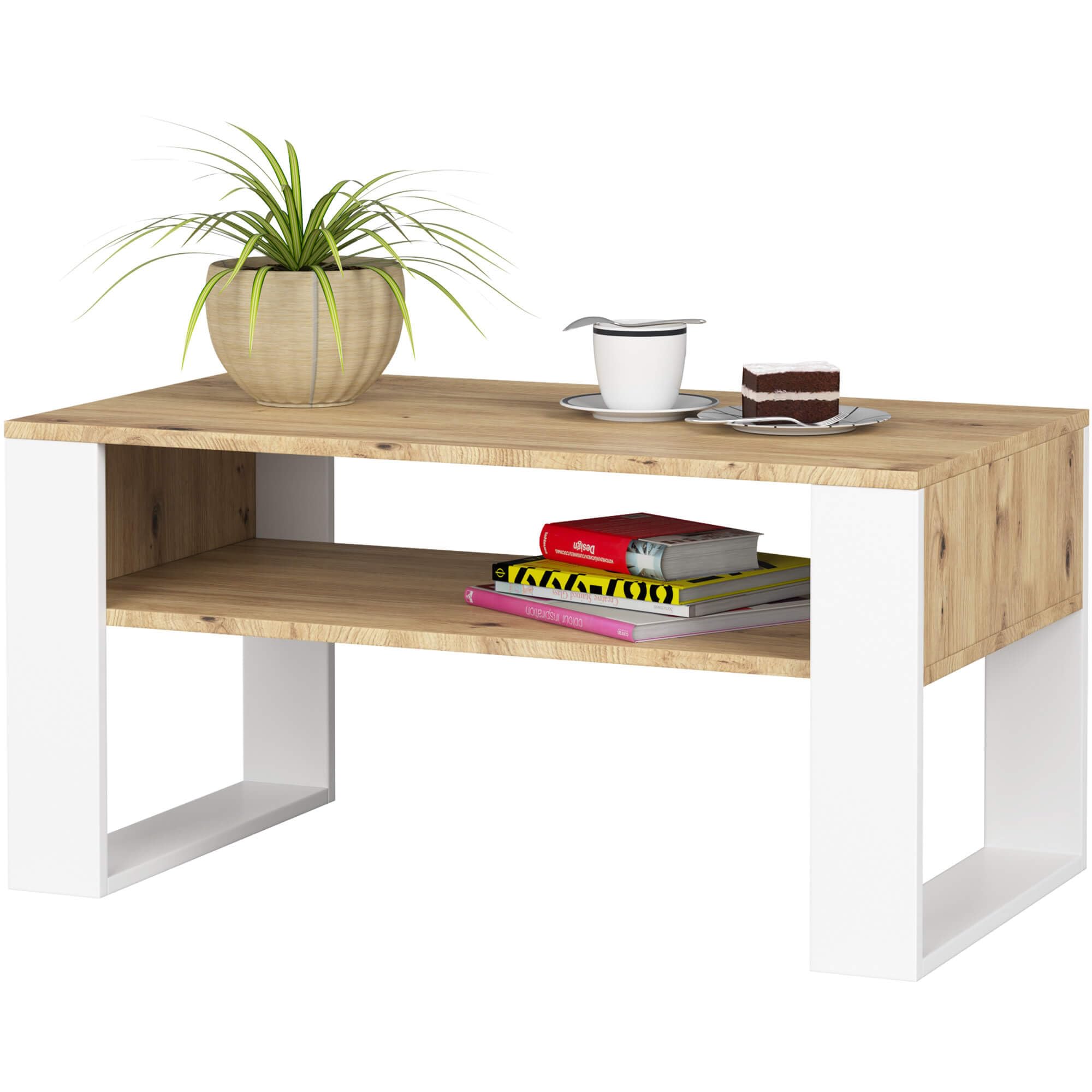 AKORD Mesa de Centro DOMI, Roble Artisan, 92 cm, Frontales Blancos Mate, 92x53x45 cm