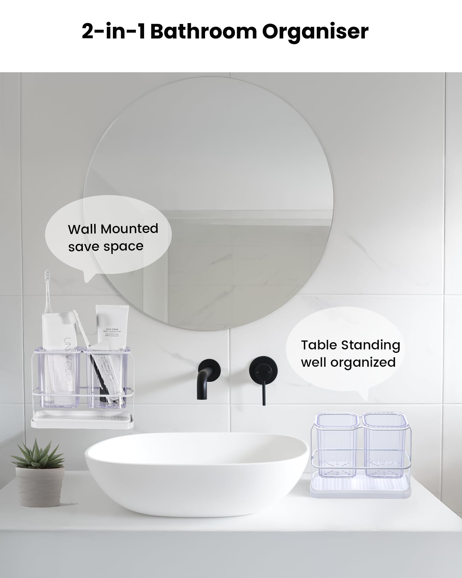 KONE Soporte para cepillo de dientes montado en la pared, soporte colgante para cepillo de dientes eléctrico con 2 compartimentos extraíbles, drenaje seco y húmedo para baño, cocina, familia (blanco)